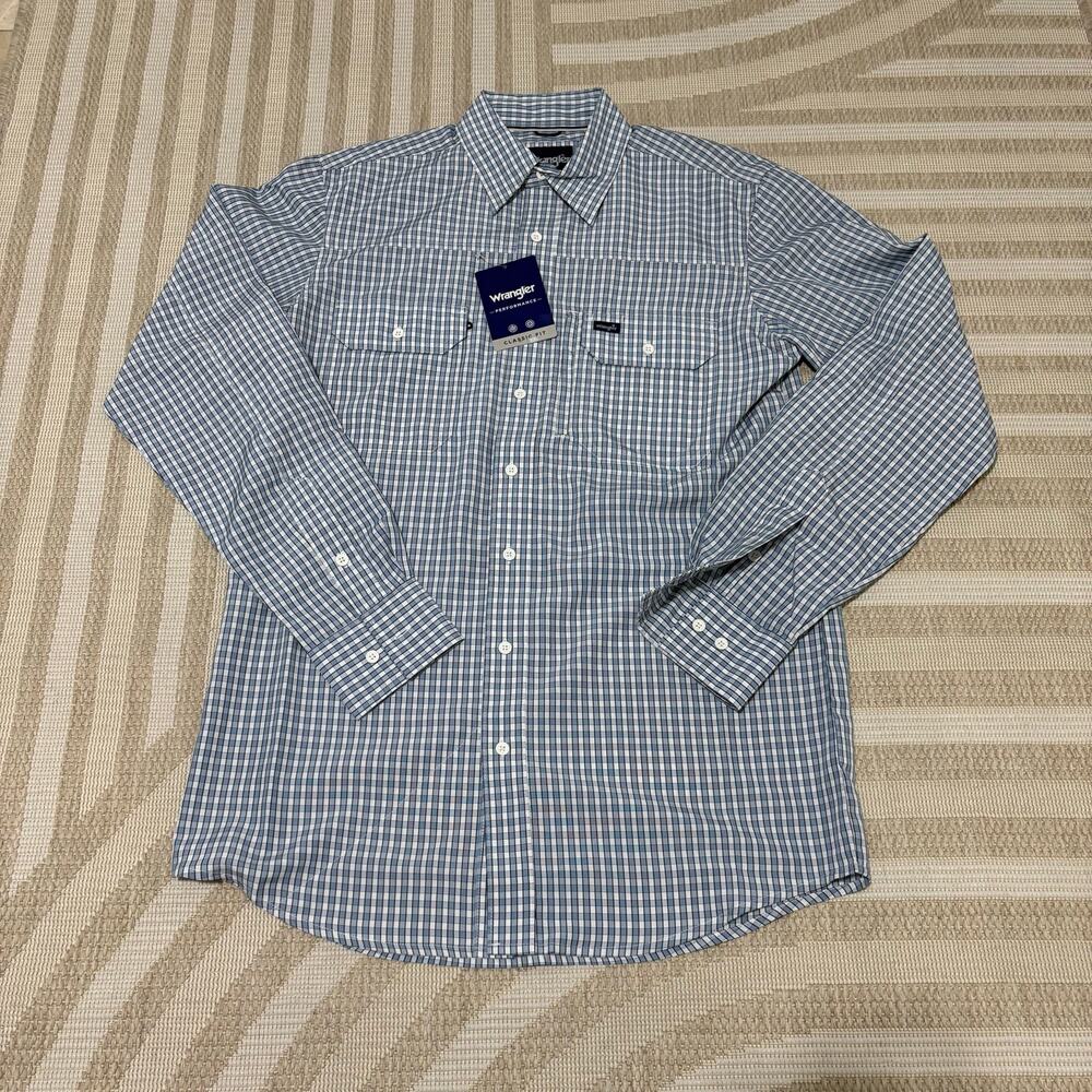 Wrangler Men's Medium Tall Long Sleeve Preformance Button Down Blue Gingham